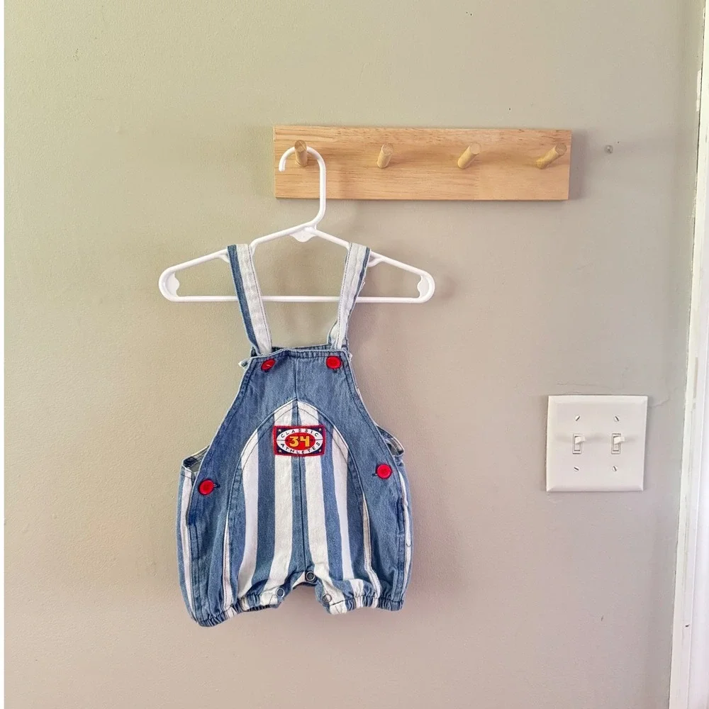 6/9m vintage denim stripped overalls